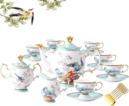 ACMLIFE Fine Bone China Tea Set with Teapot, Porcelain Tea Sets for Adults, 21-Piece Vintage Tea Set for 6, 24K Gold Blue English Floral British China Tea Sets for Women Tea Party for Gifts