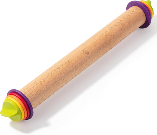 Bamboo Land- Adjustable Rolling Pin with Thickness Rings for Baking, 13.8", 4 Colorful Thickness Rings (2-10 mm or 1/16"-3/8"), Wood Rolling Pins for Baking, Bread, Pizza & Cookie Doughs