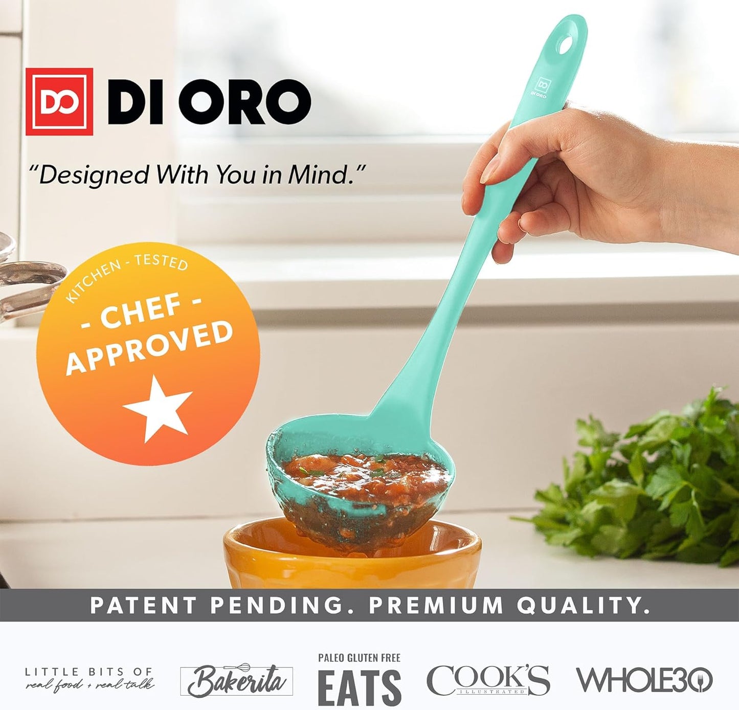 DI ORO Silicone Ladle – Soup Ladle for Cooking & Serving Heat-Resistant - Large Kitchen Soup Ladle Nonstick Cookware Safe - Soup Serving Spoon with Wide Bowl - Silicone Utensil Dishwasher Safe (Mint)
