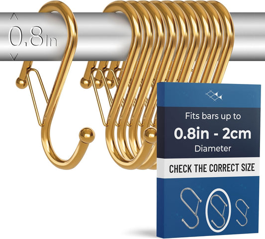 10-Pack Metal S Hooks for Hanging – Heavy-Duty S-Shaped Hook with Safety Buckle – Fits Bars up to 0.8 In – Anti-Drop S-Hooks for Kitchen, Bathroom, Closet & Pot Racks – Gold (Medium)