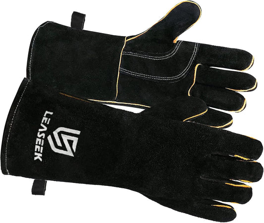 LeaSeek Leather Forge Welding Gloves, Heat/Fire Resistant Barbecue Gloves,Mitts for Fireplace,BBQ,Welder,Grill,Oven,Stove,Tig