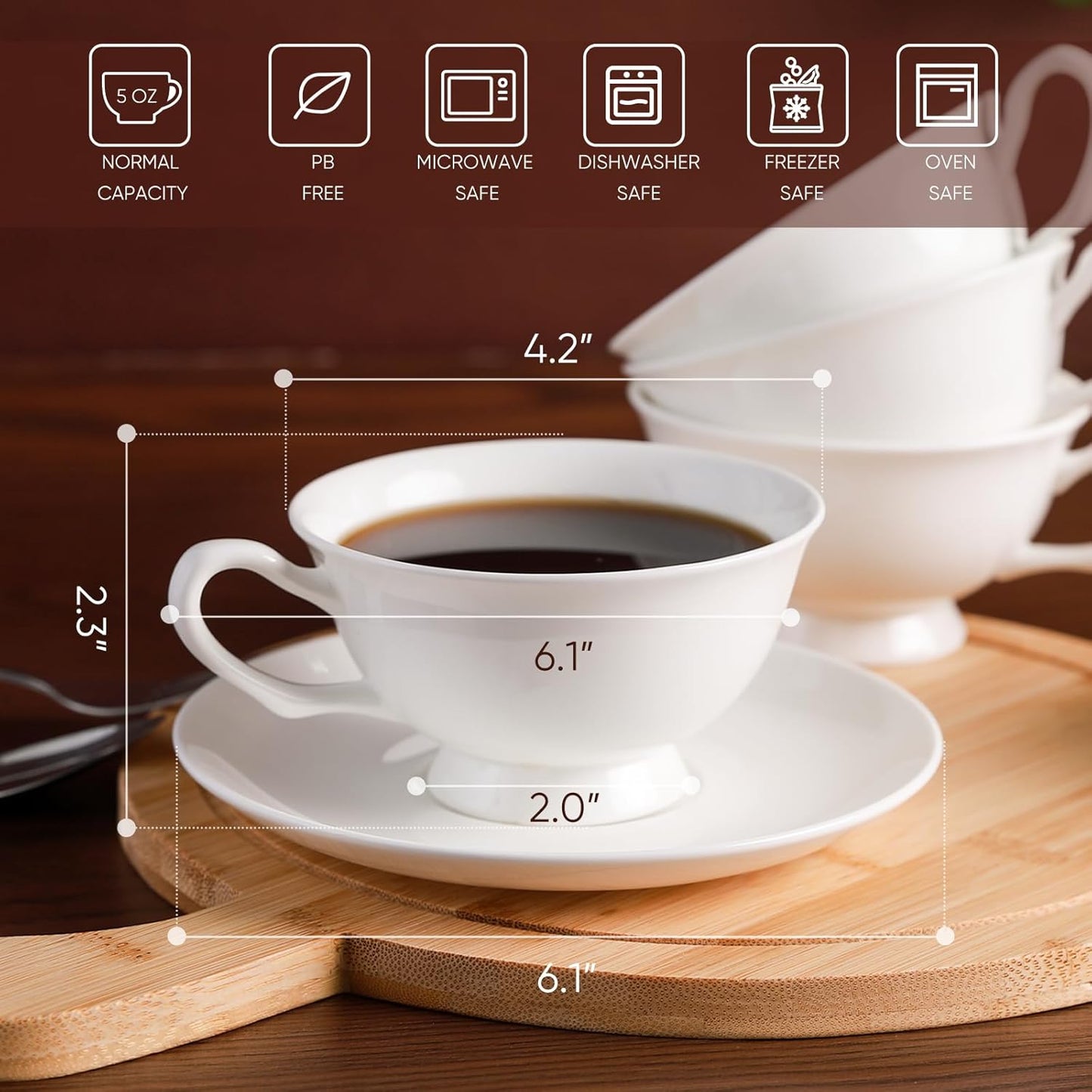 Fine Bone China Espresso Cups and Saucers Set of 4, 5 Oz Classic Plain White Luxury Ceramic Coffee Cups Set, for Wedding, Afternoon Tea, Gift, Work, Festival