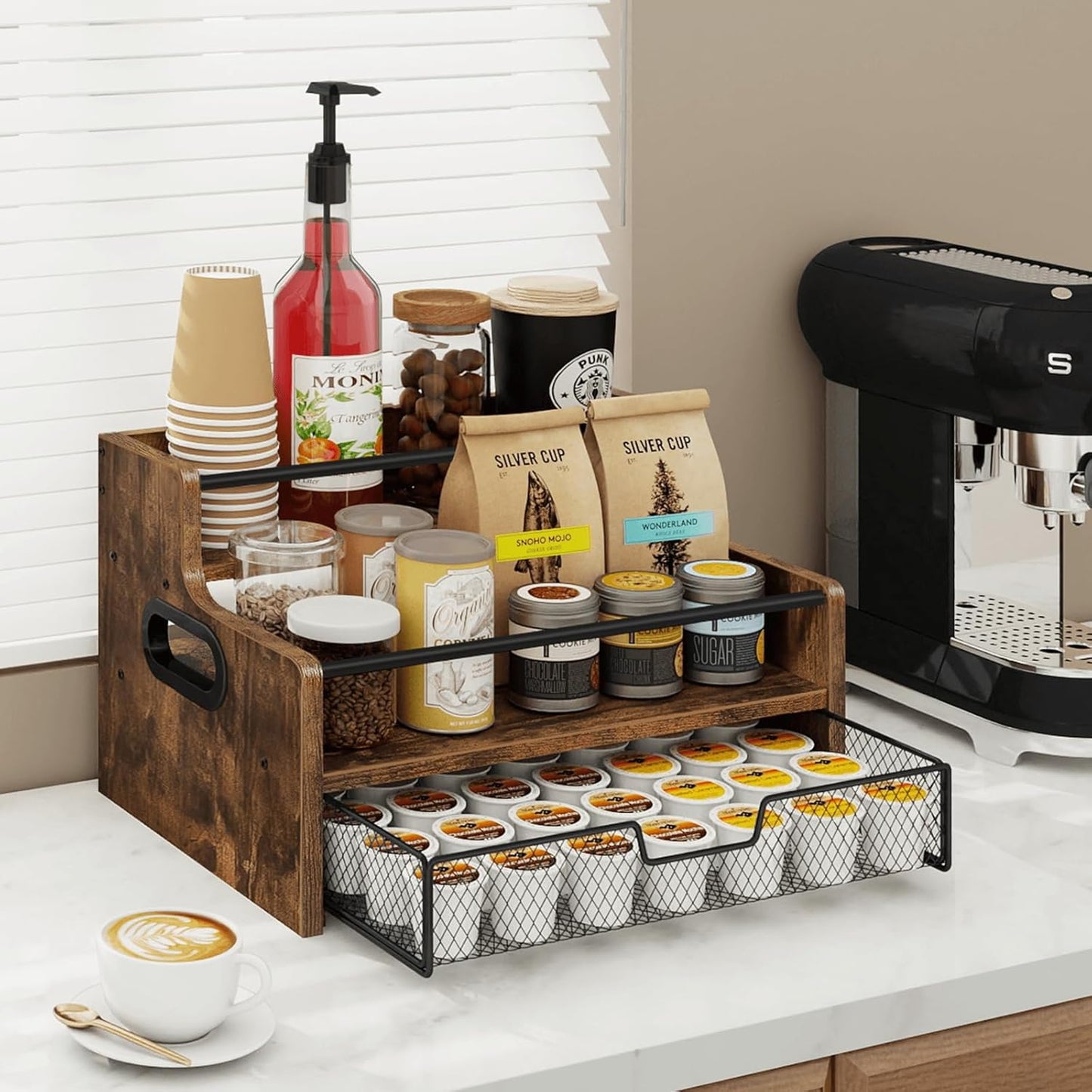 Homode Coffee Syrup Organizer Rack, 3-Tier 8 Bottles Syrup Stand with 35 K Cup Storage Drawer for Coffee Station Bar Accessories, Countertop Wood Liquor Bottle Holder for Wine, Rustic Brown