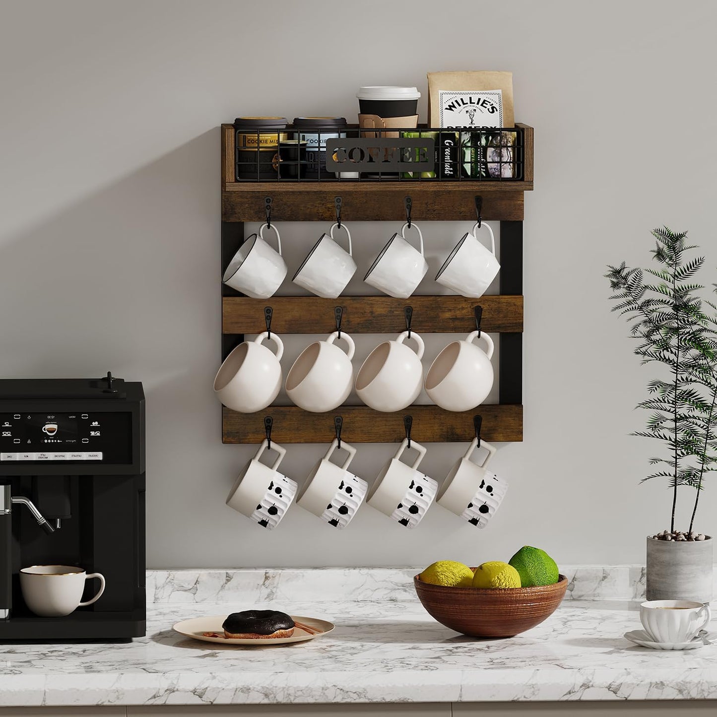 YINMIT Coffee Mug Holder Wall Mounted, Wood Mug Racks with 12 Hooks, Coffee Cup Holder for Wall with Storage Shelf, Cups Rack for Home, Kitchen
