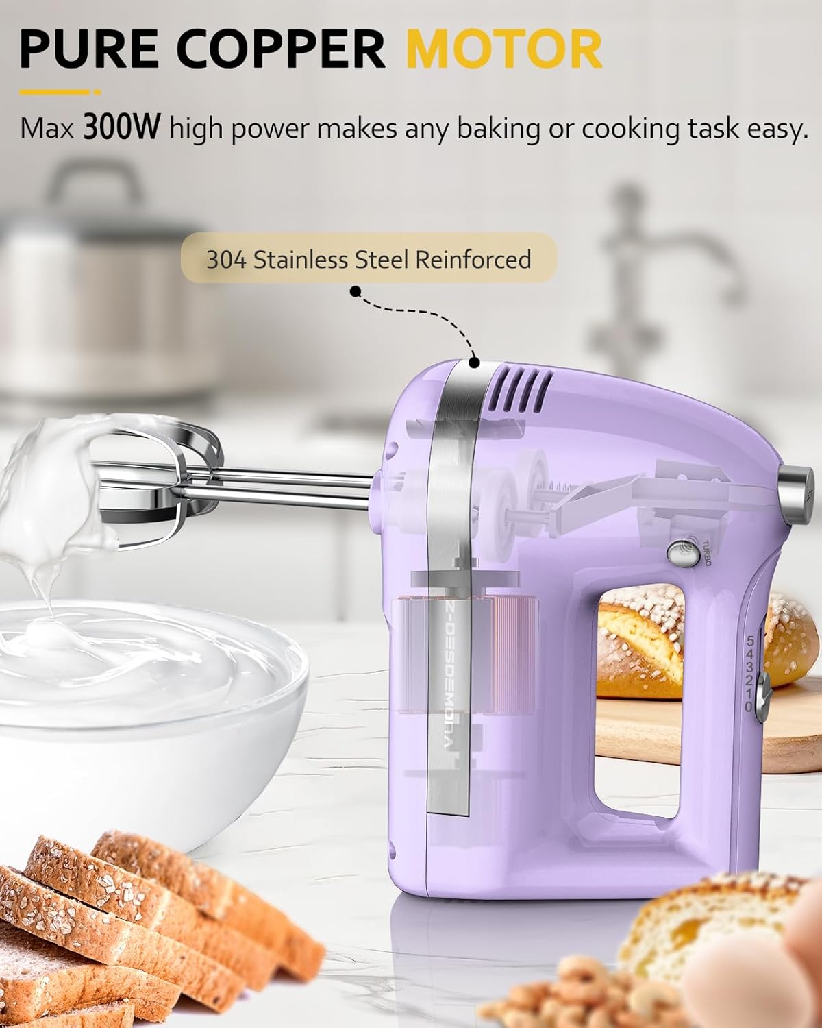 Electric Hand Mixer, Powerful 300W Hand Mixer Electric Handheld with 304 Beaters, Dough Hook,Hand Held Mixer with Turbo for Baking Cakes, Eggs, Cream Food(Purple)