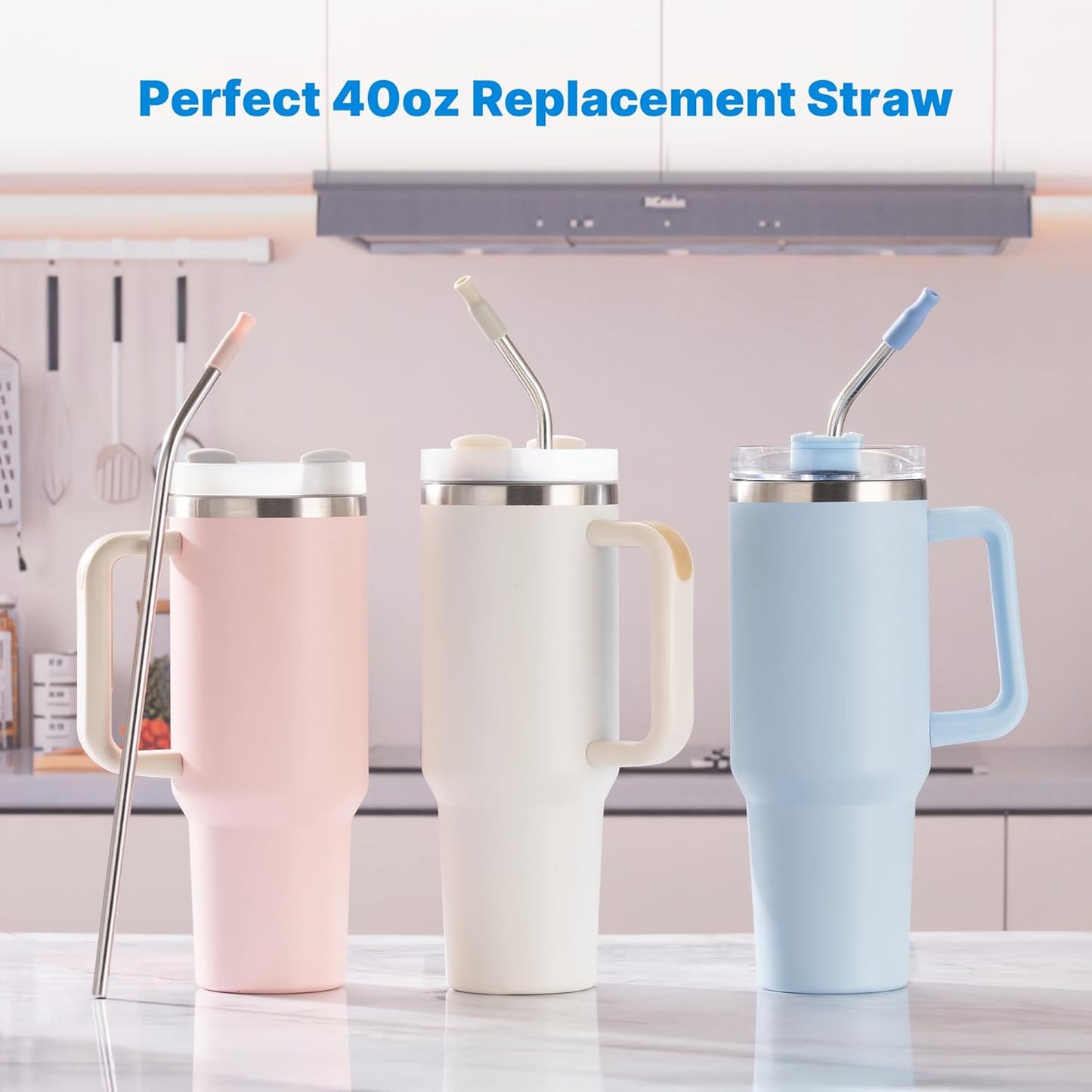 Repeatable Metal Straw with Silicone Tips for 40 oz Stanley Tumbler, 2 Pcs 40 oz Stainless Steel Straws Replacement for Stanley Tumbler, 1 Straw Brush, BPA Free（Black）