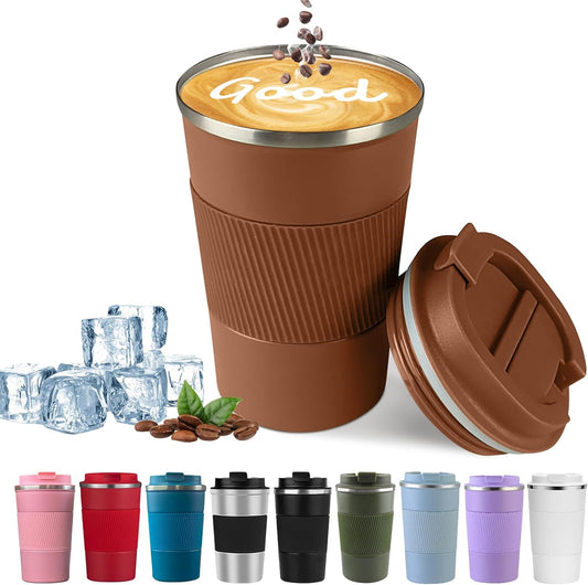 YINBAOGE Insulated Travel Coffee Mug Spill Proof Leak Proof Pobtable To Go Camping Stainless Steel Coffee Tumbler Reusable Coffee Cups with Lids Thermos for Hot and Cold Drink (Brown, 17 OZ)