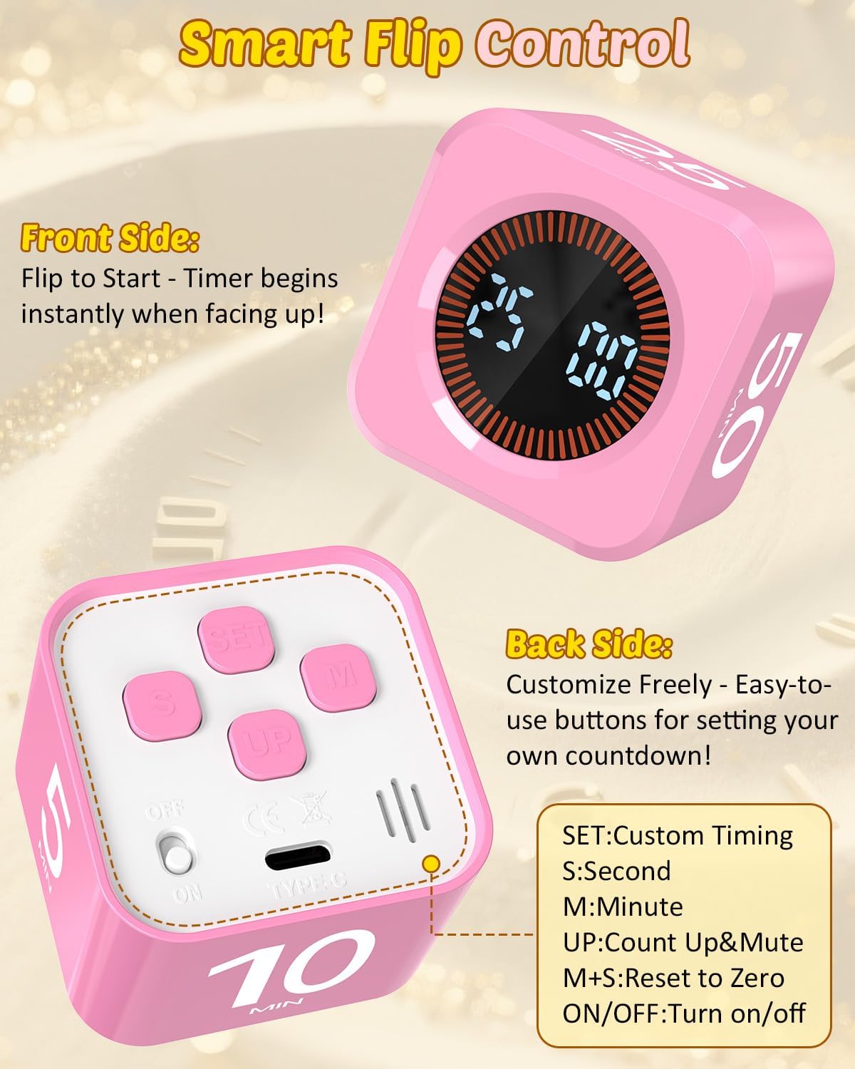 Pomodoro Timer Cube Visual Productivity Flip Timer for Kids Classroom Desk, 5/10/25/50min& Custom Countdown, Silent&Sound Mode Digital Cube for ADHD Study Work School Game Kitchen (Pink)