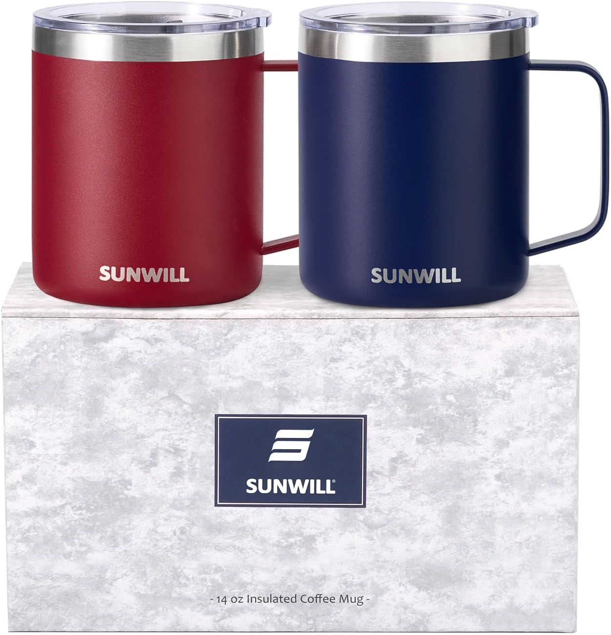 SUNWILL Travel Coffee Mug Set of 2, Insulated Tumbler with Lid, 14 oz Stainless Steel Cup with Handle for Camping, Office, Home, Powder Coated Navy Blue & Wine Red
