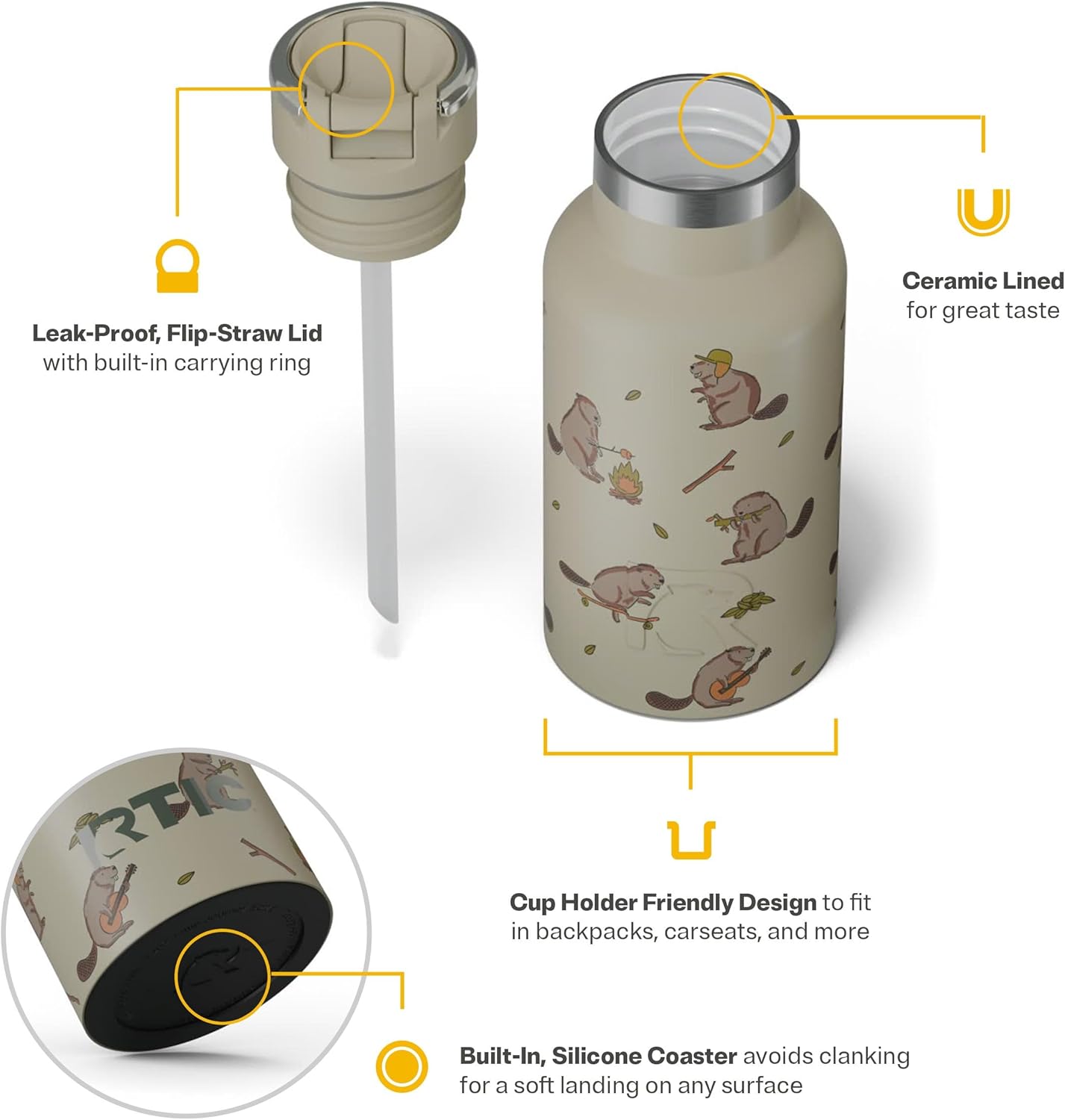 RTIC Little Journey Bottle with Straw, Insulated, Stainless Steel, Metal, Double Wall Vacuum-Insulation, Ceramic-Lined, Leak-Proof Lid, BPA-Free Water Flask for Sports, Travel, Busy Beaver