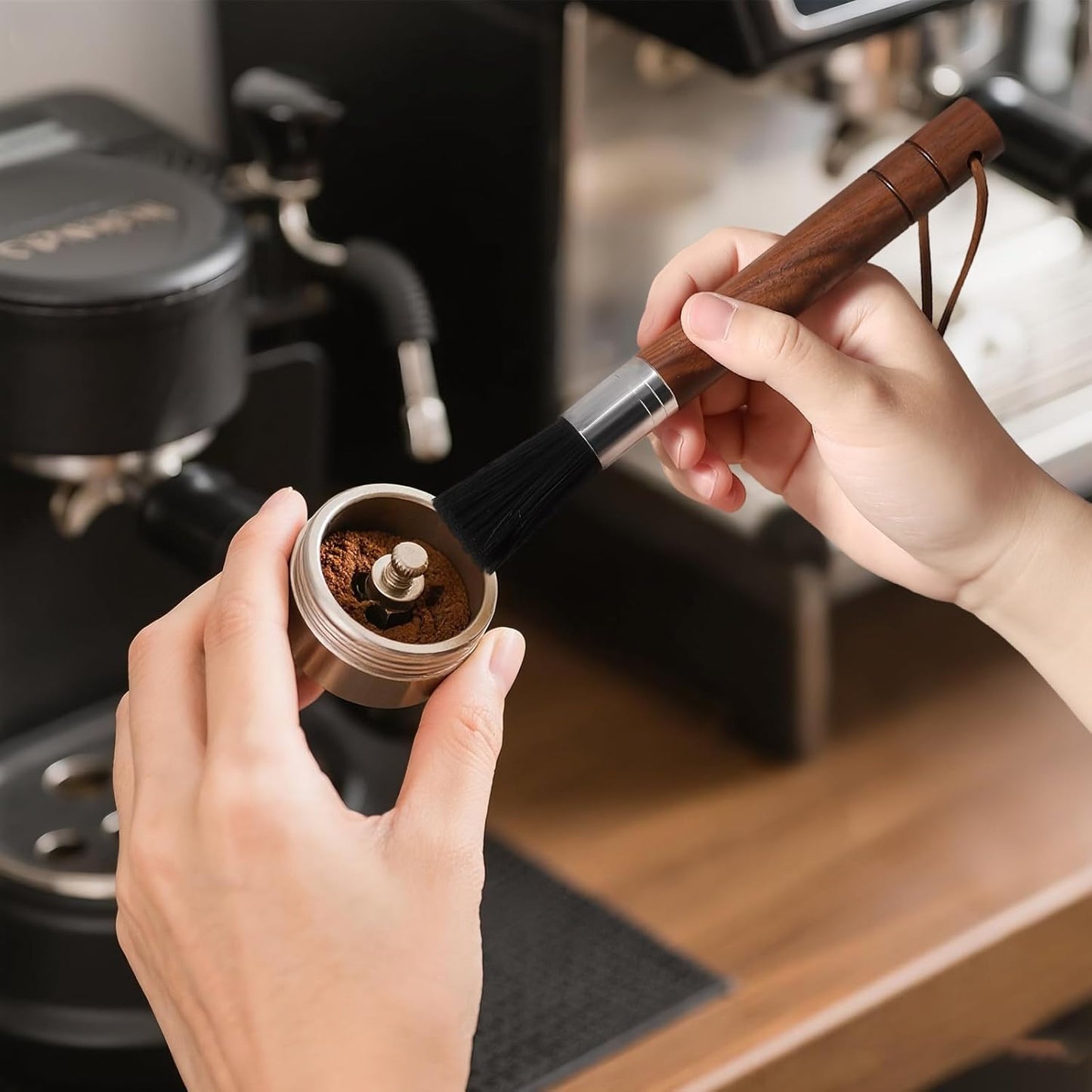 2-Pack Coffee Grinder Cleaning Brush with Natural Walnut Wood Handle and Black Boar Bristle, Coffee Bar Accessories Coffee Brush, Espresso Machine Cleaning Tool Barista Brush with Hanging Loop