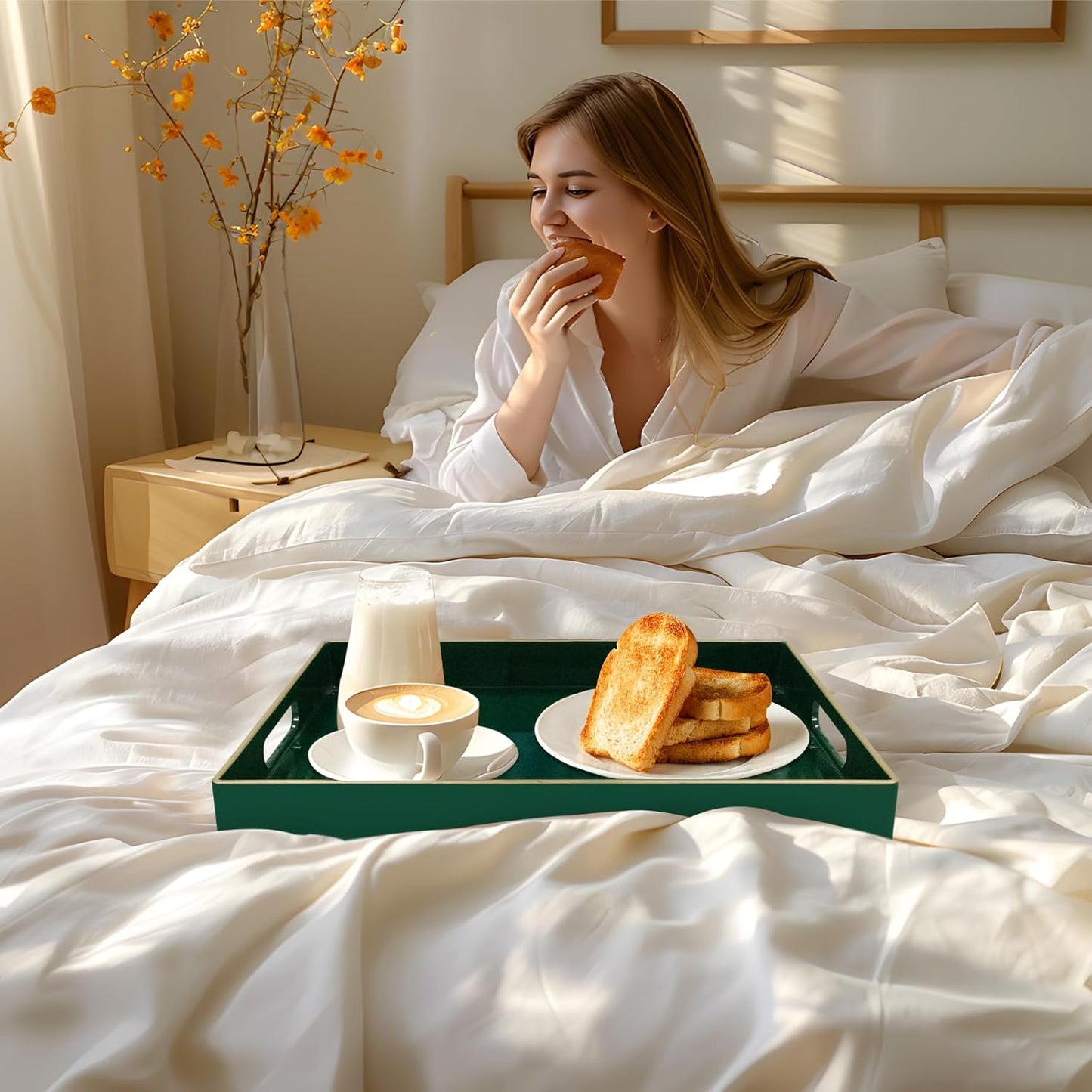 MAONAME Dark Green Decorative Tray, Serving Tray with Handles, Plastic Trays for Coffee Table, Rectangular Trays for Living Room, Bedroom, 15.8" X 10.2" X 1.4"