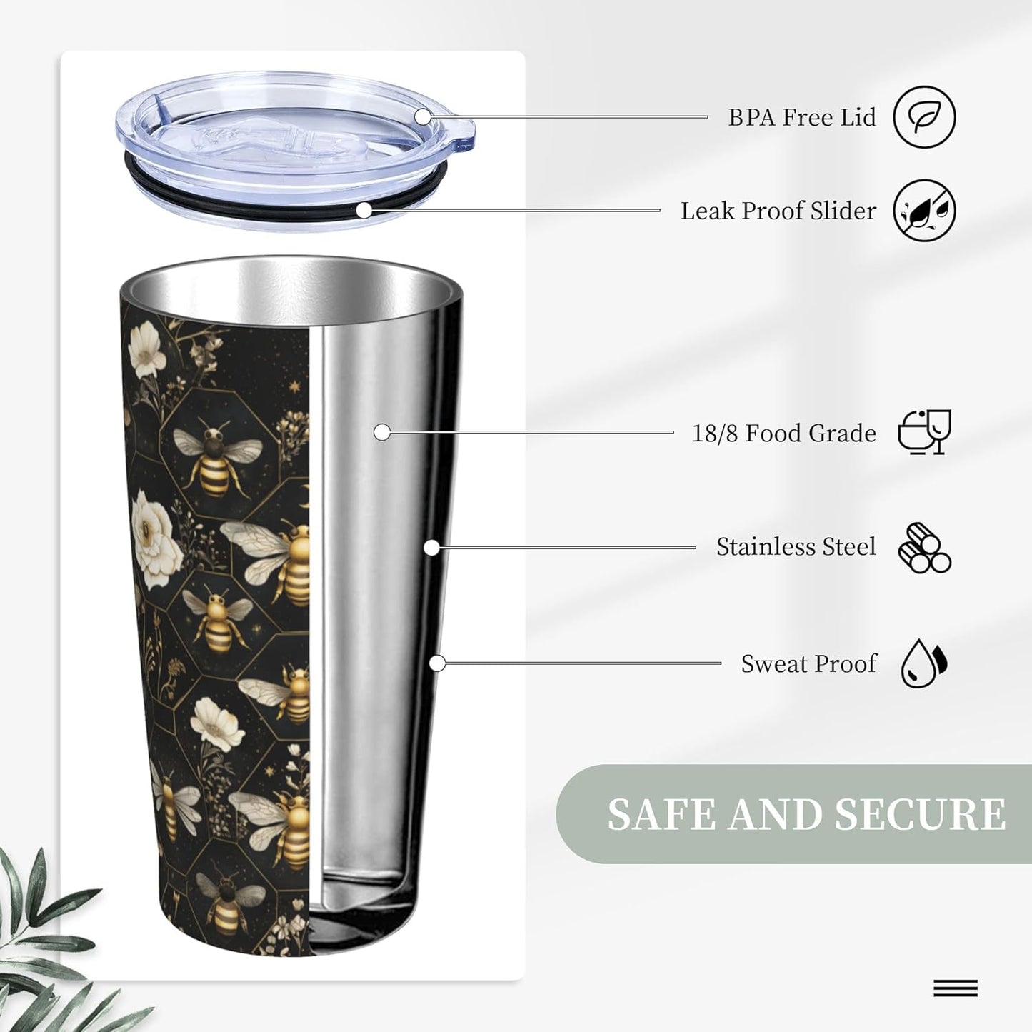 Bee Tumbler with Lid and Straw 20oz Coffee Tumblers Leakproof Stainless Steel Travel Mug Vacuum Insulated Cup for Iced and Hot