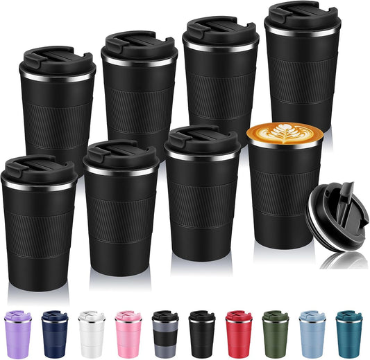 Volhoply 13 oz Stainless Steel Insulated Travel Coffee Mug with Fip Lid Bulk 8 Pack,Reusable Double Wall Vacuum Metal Coffee Cup,Portable Leak Proof Thermal Tumbler for Hot & Cold Drinks(Black,8)