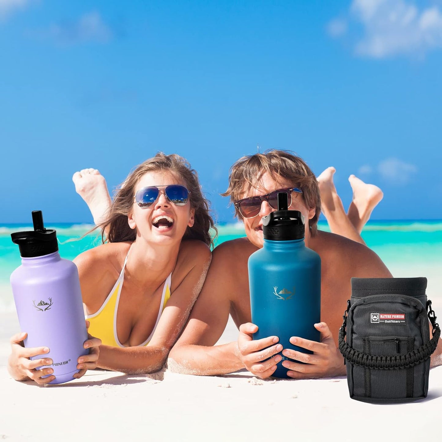 NATURE PIONEOR Insulated Water Bottles with Straw - 64oz Stainless Steel Vacuum Bottle with Holder/Carrier/Sleeve - Reusable 18/8 Food Grade Half Gallon Water Jug