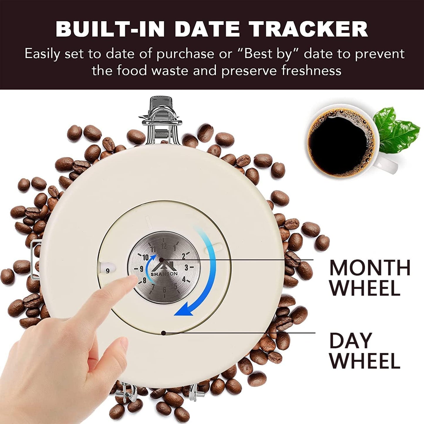 ShanSon Coffee Canister Airtight Coffee Container Stainless Steel Coffee Bean Storage Container with CO2 Release Valve and Scoop Coffee Canister for Beans,Grounds,Sugar,Flour,Tea,Cereal,22OZ,Off-White