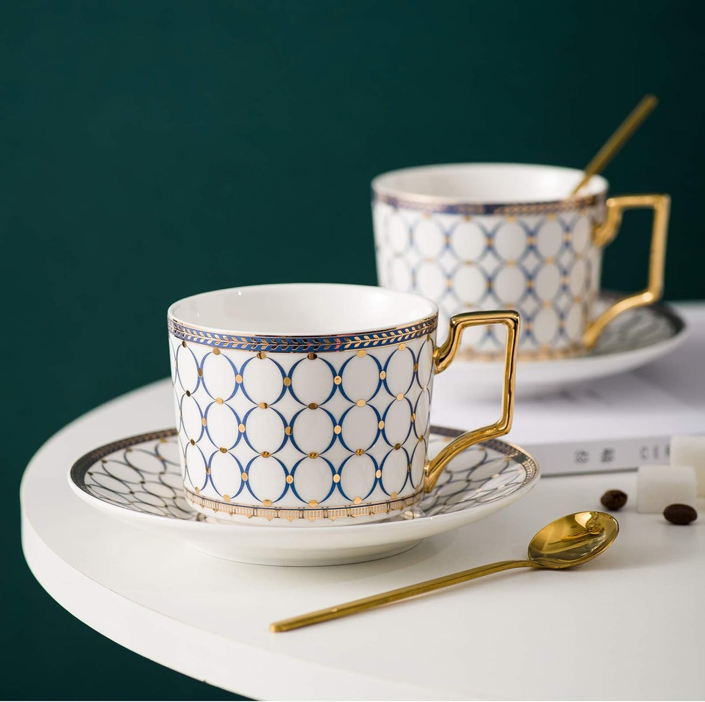 CwlwGO-European style cup and saucer set, 7 oz (about 198.4 grams) bone china exquisite glazed platinum tea cup and saucer (two sets), golden spoon, mug, cappuccino, latte, MOCHA, elegant female suit.