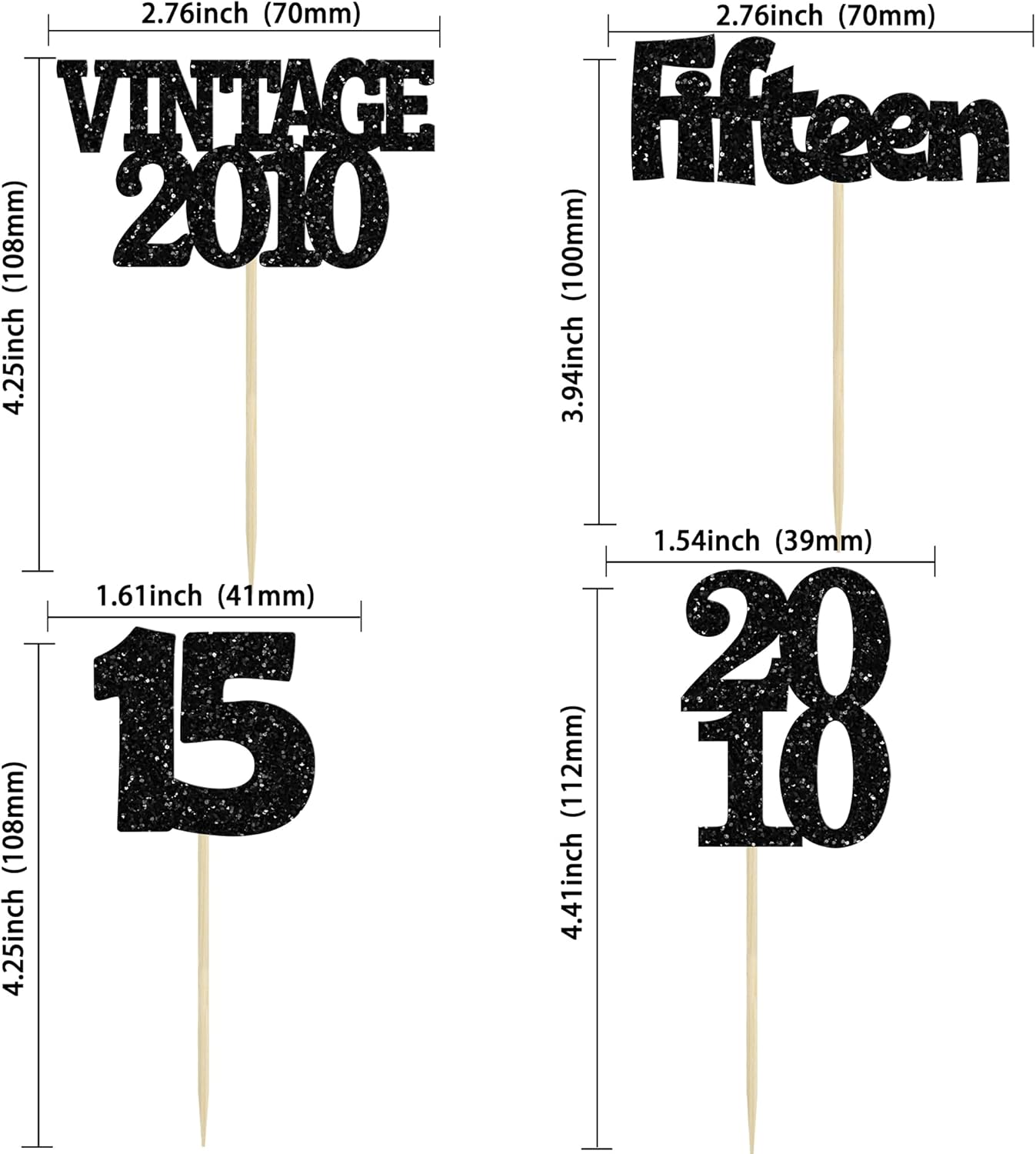 Gyufise 24Pcs 15th Birthday Cupcake Toppers Glitter Fifteen Vintage 2010 Sweet 15 Cupcake Picks Hello 15 Years Birthday Cake Decorations for Happy 15th Anniversary Party Supplies Black