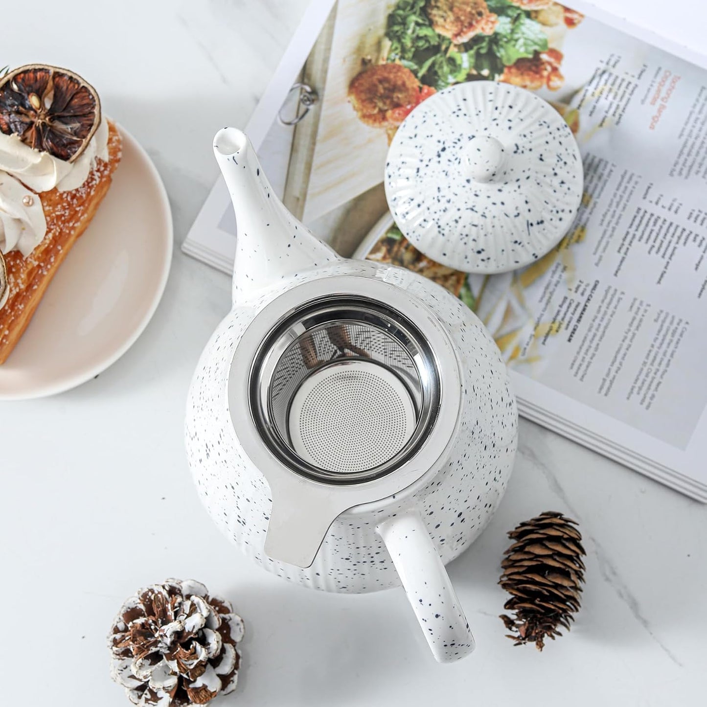 KOOV Ceramic Teapot with Infuser, 40 ounce Tea Pot with Infuser for Loose Tea, Large Enough For 6 Cups, Tea Pot with Tea Strainers, Splash Series (Splashed White)