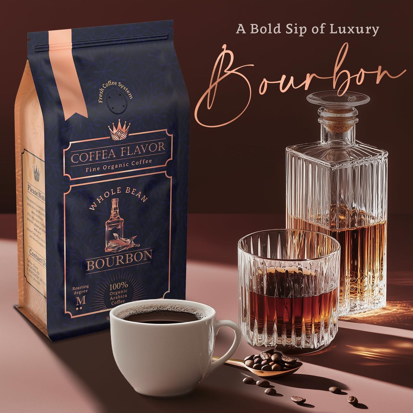 Bourbon Flavored Whole Bean Coffee – 100% Arabica, Single Origin, Medium Roast, Rich and Smoky Flavor, Naturally Sweetened – Perfect for Cold Brew – by Coffea Flavor
