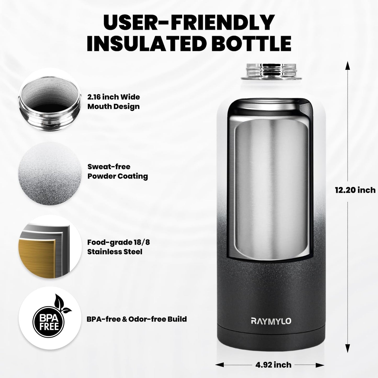 Insulated Water Bottle 87 oz, Triple Wall Vacuum Stainless Steel (Cold for 48 Hrs), Leak Proof & Non-BPA, Modern Water Flask Jug with Paracord Handle & Straw Spout Lids, Ombre: White/Black