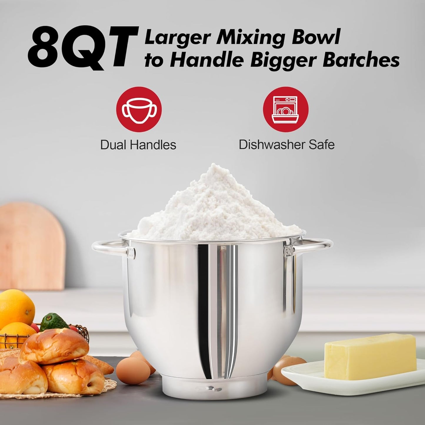 Aucma Stand Mixer, 900W 8QT Large Kitchen Mixer, Kitchen Electric Mixers with Dough Hook, Wire Whip & Beater (Red, 8QT)