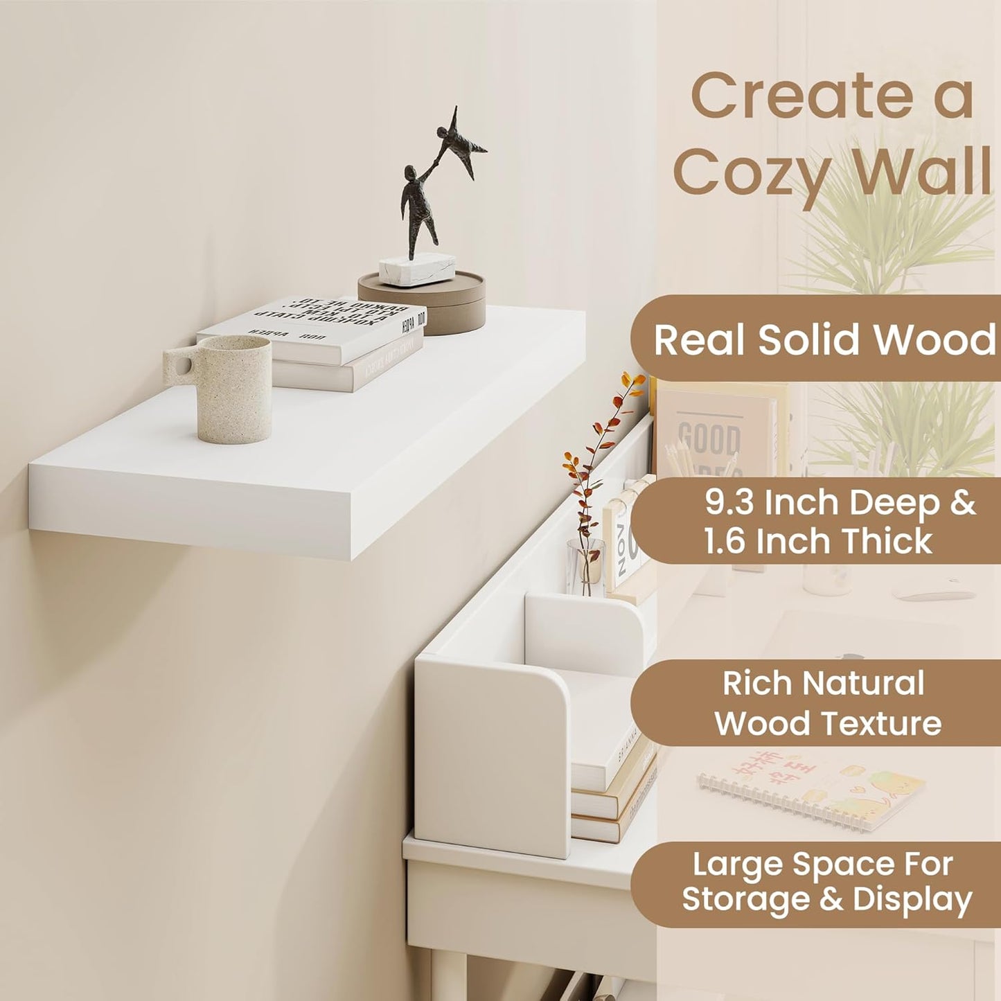 White Floating Shelves 24 Inch Long, 9.3 Inch Deep Floating Shelves for Wall, Rustic Solid Wood Shelves, Deep Wall Shelves for Living Room, Bedroom, Kitchen, 24"W x 9.3"D x 1.6"H, Set of 2