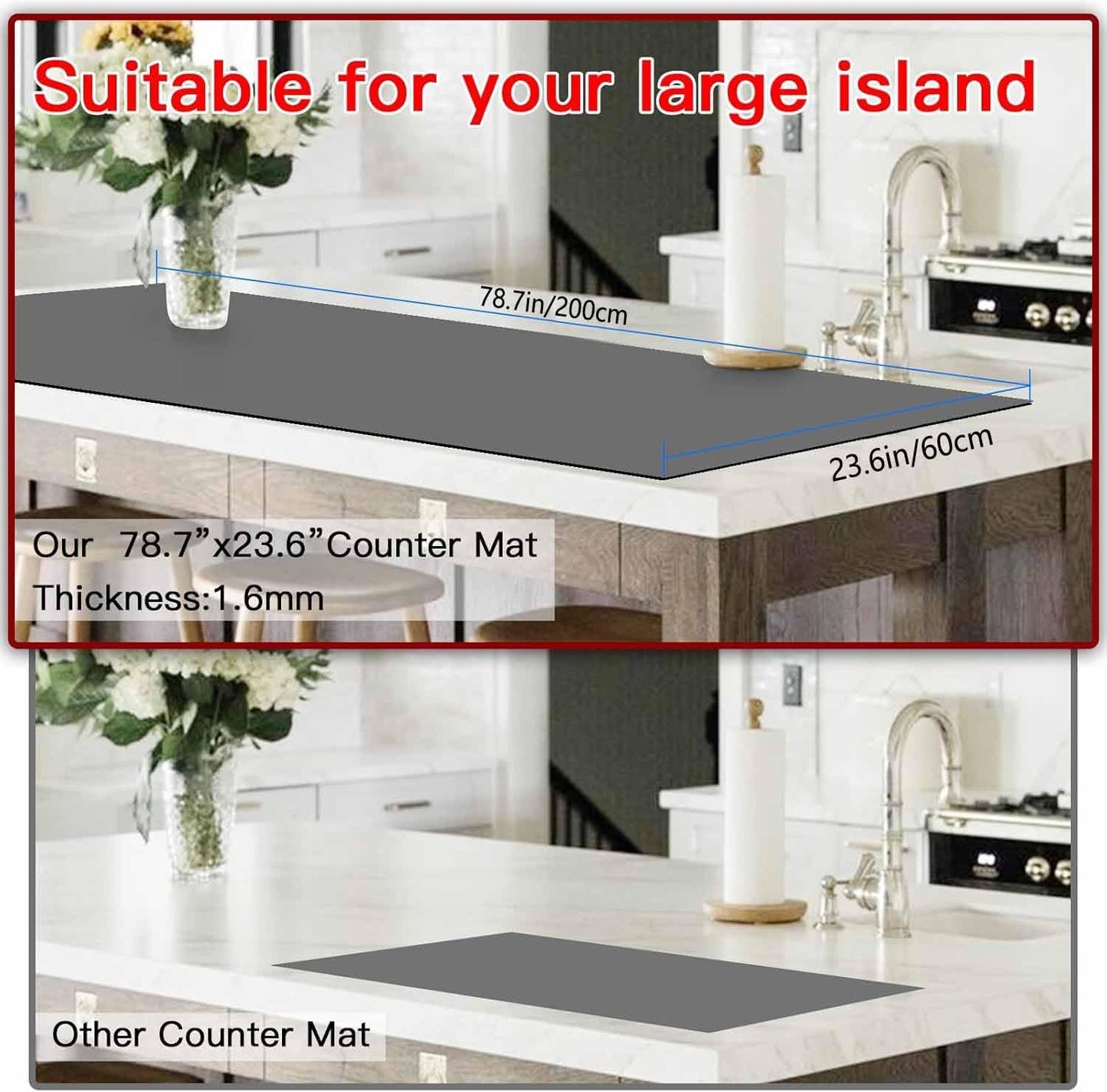 Silicone Mats for Kitchen Counter, 78.7''x 23.6''(200cmx60cm) Largest Heat Resistant Counter Mat Kitchen Island Waterproof Thicken Non-slip Countertop Protector Mat, Light Gray