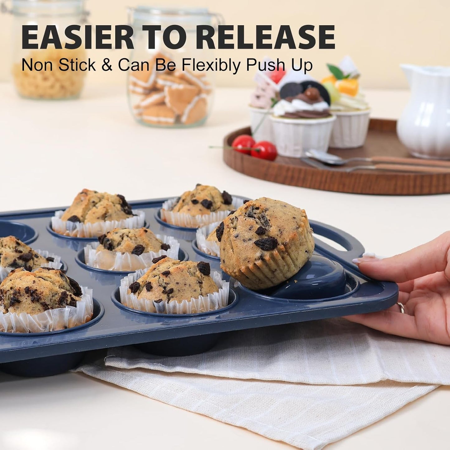 2 pack Silicone Muffin Pan with Metal Frame, Non Stick Silicone Cupcake Pan with Handles Regular 12 Cup, BPA Free Silicon Muffin Tin Tray for baking, egg bites, Cupcake Mold Grey
