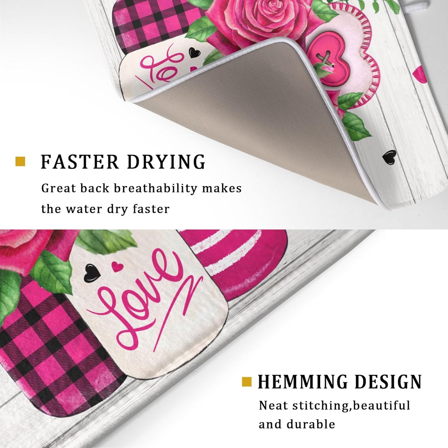 Valentine's Day Rose Flower Dish Drying Mat for Kitchen Counter,Mason Jar Pink Love Heart Drying Mat 18 x 24 Inch with High Absorbent Microfiber Drainer Mat for Coffee Bar