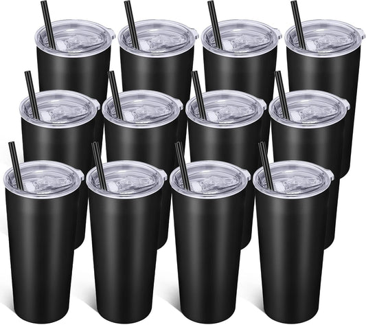 VEGOND 20oz Tumbler Bulk with Lid and Straw 12 Pack, Stainless Steel Vacuum Insulated Tumbler, Double Wall Coffee Cup Travel Mug, Black