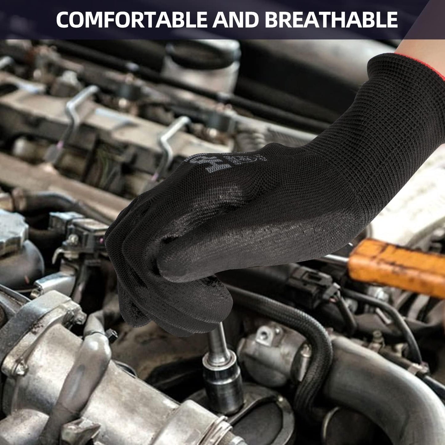 PU Coated Safety Work Gloves, 12 Pairs Work Gloves Mechanic Working Seamless Knit Glove with Polyurethane Coated Smooth