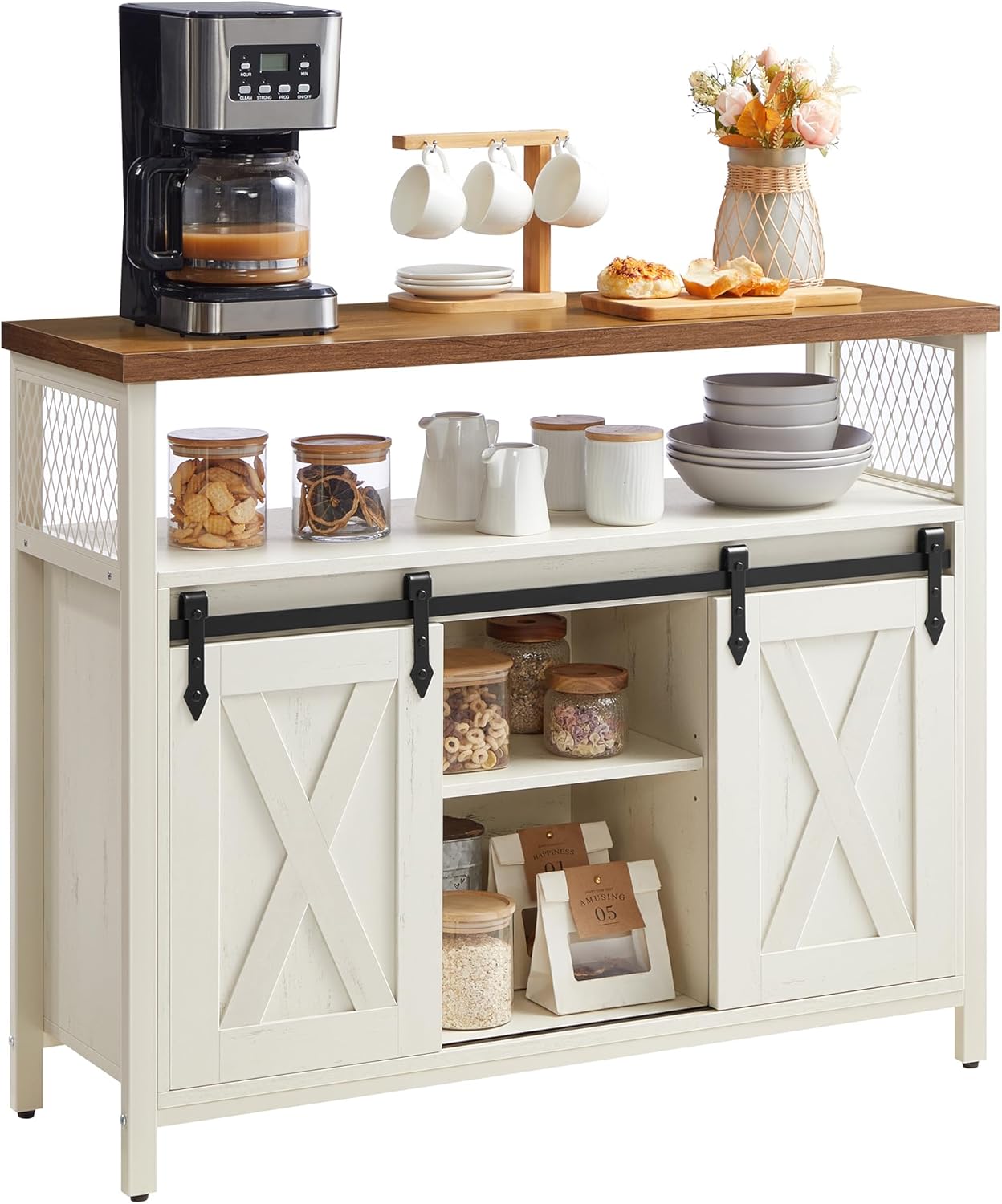 VASAGLE Buffet Cabinet, Coffee Bar Storage Cabinet, Sideboard with 2 Sliding Barn Doors, Adjustable Shelves, 13 x 39.4 x 31.5 Inches, for Living Room, Rustic White and Honey Brown ULSC092W01