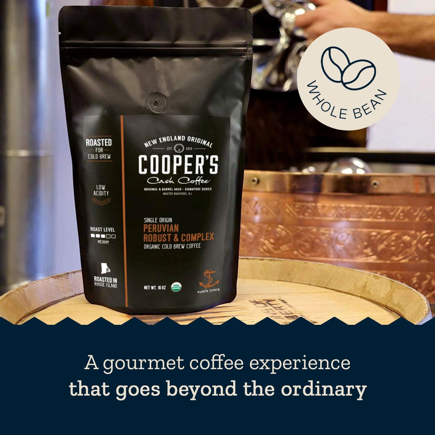 Organic Cold Brew Coffee Peru Reserve Single Origin Peruvian Coarsely Whole Bean - 1 lb. Bag - Medium Roast