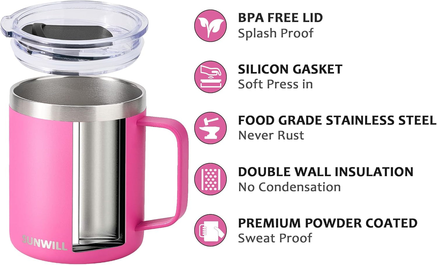SUNWILL Insulated Coffee Mug with Lid, Travel Tumbler with Handle, 14 oz Stainless Steel Cup for Home, Office, Camping, Powder Coated Magenta