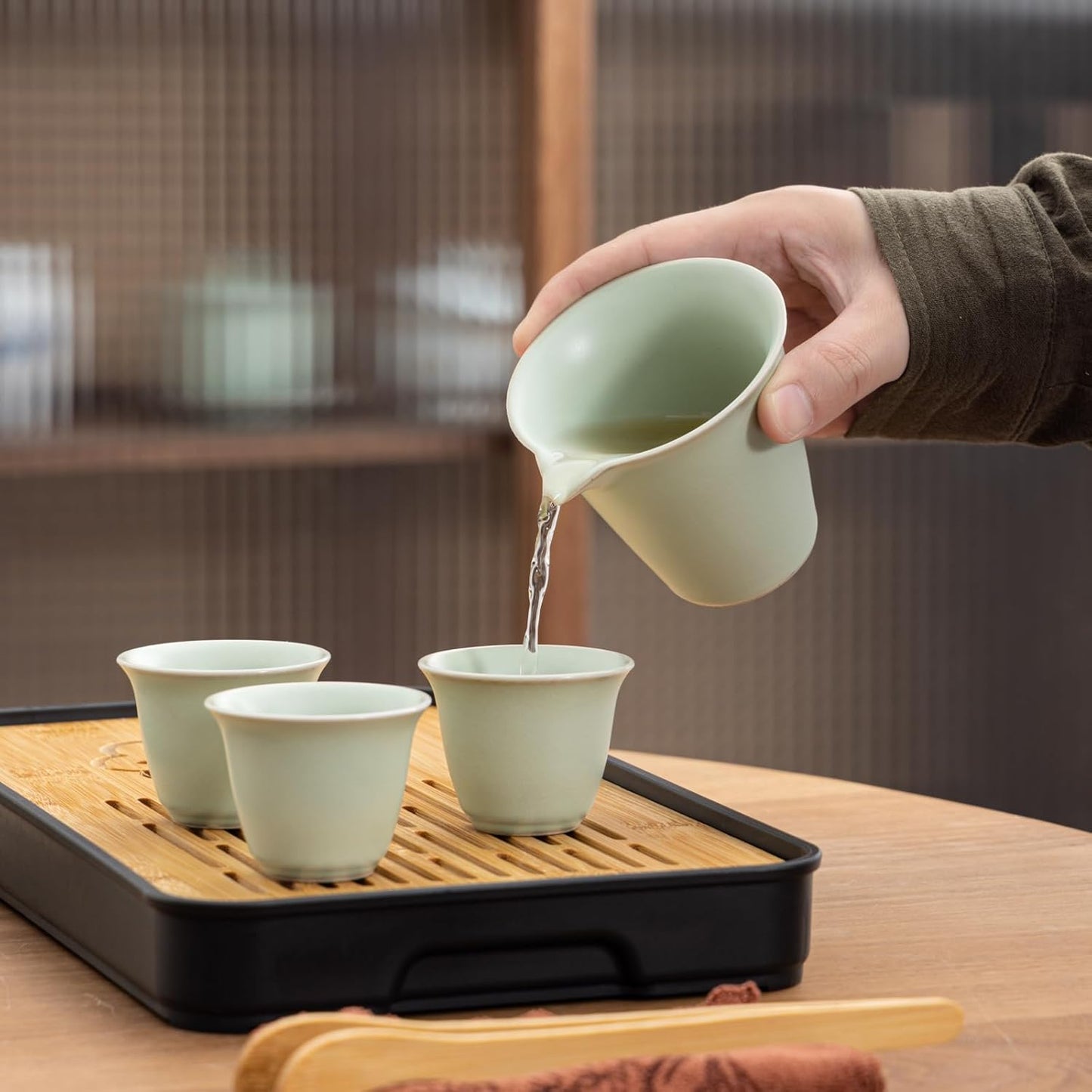 Travel tea set,Portable ceramic tea set,Chinese tea set,Tea sets for adults,Tea pot sets,Portable Travel Bag,Home,Gifting,Outdoor and Office,茶具 (Light green)