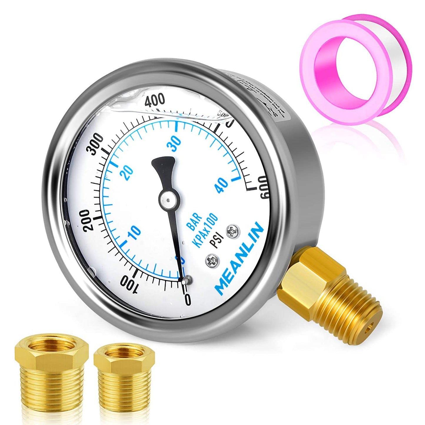 MEANLIN MEASURE 0~600Psi Stainless Steel 1/4" NPT 2.5" FACE DIAL Liquid Filled Pressure Gauge WOG Water Oil Air Lower Mount, with 1/4" x 1/2" NPT and 1/4" x 3/8" NPT Hex Bushing
