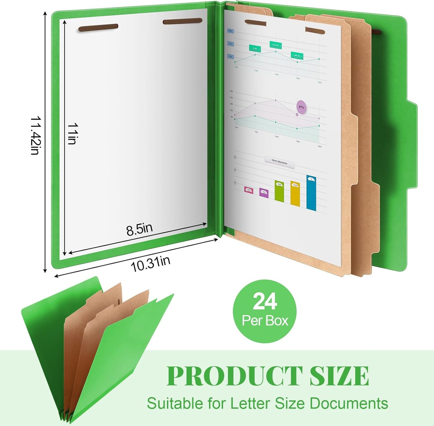 24 Pcs Classification Folders Letter Size Bulk - 2 Dividers Pressboard File Folder with 3. 5 Inch Expansion, 2 Prongs Fastener, Heavy Duty Office File Organizer for Teacher Medical (Green)