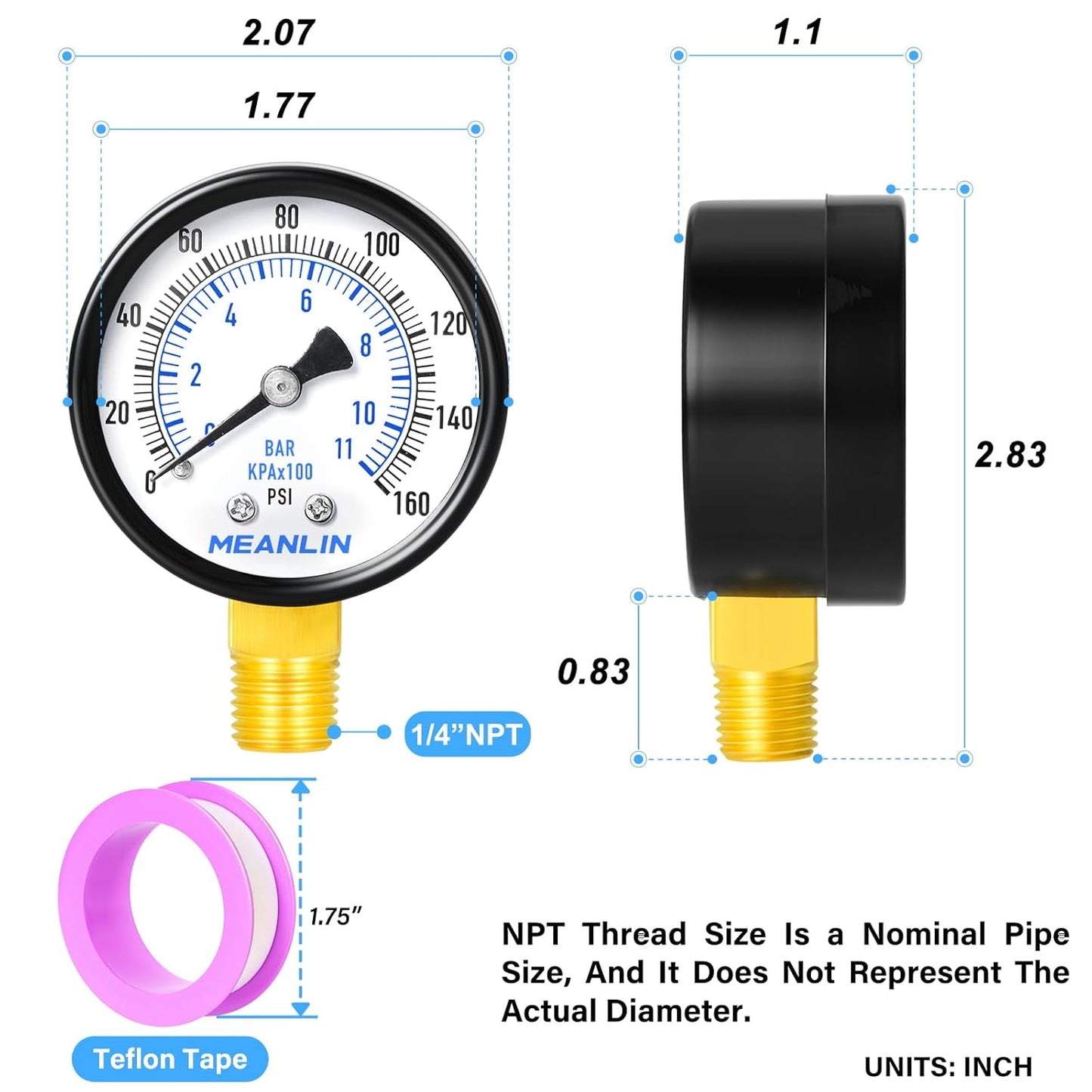 MEANLIN MEASURE 0-160Psi Well Pump Pressure Gauge 1/4" NPT 2" FACE DIAL for Air Compressor RV Regulator Water Pressure Tester Lower Mount, with Teflon Tape