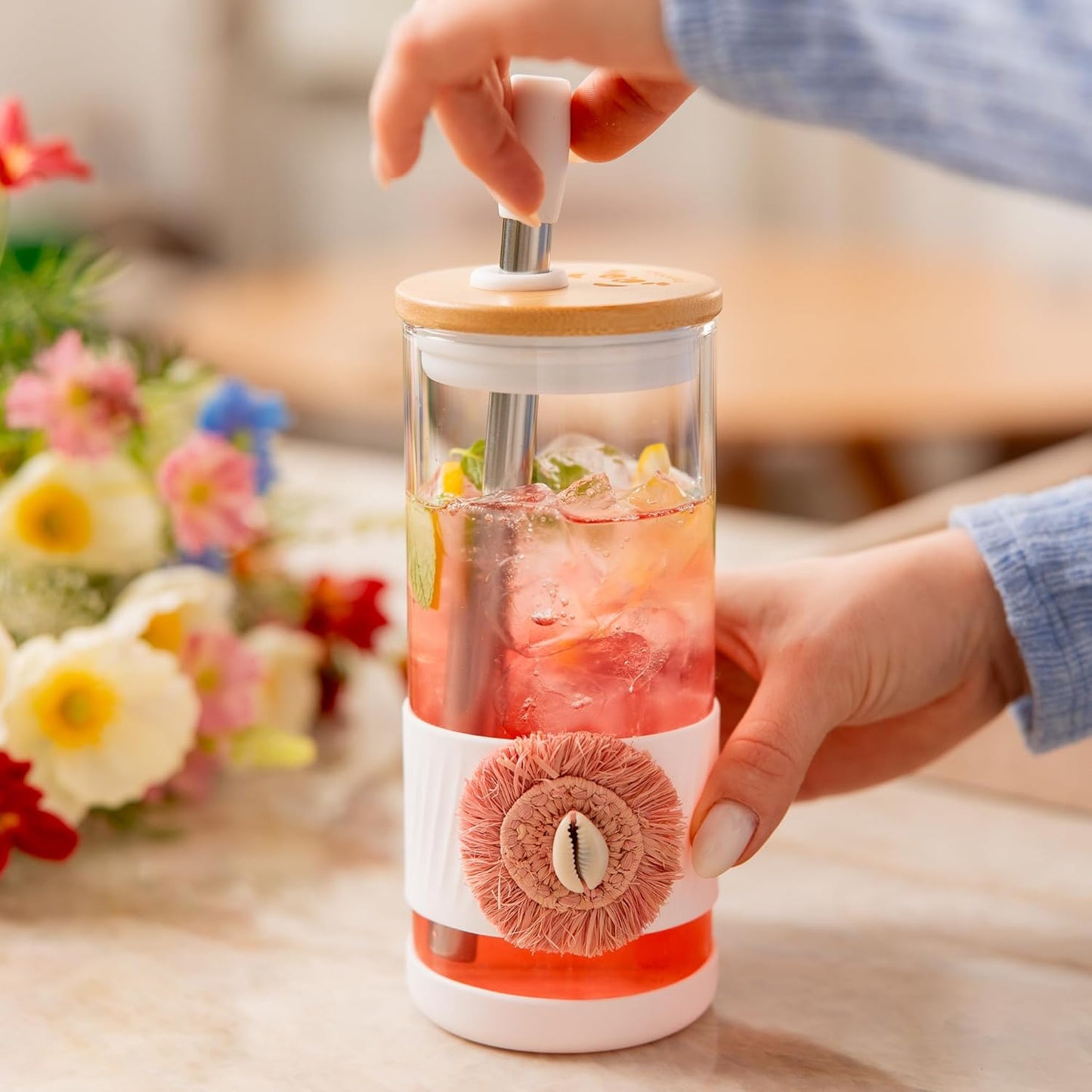 Pandaloo® Glass Cups With Lids and Straws -20 Fl Oz- Perfect Size Iced Coffee Cup - Smoothie Cup With Bamboo Lid and On the go Lid (Ethnic chic-Pink Powder, 1 Count (Pack of 1))