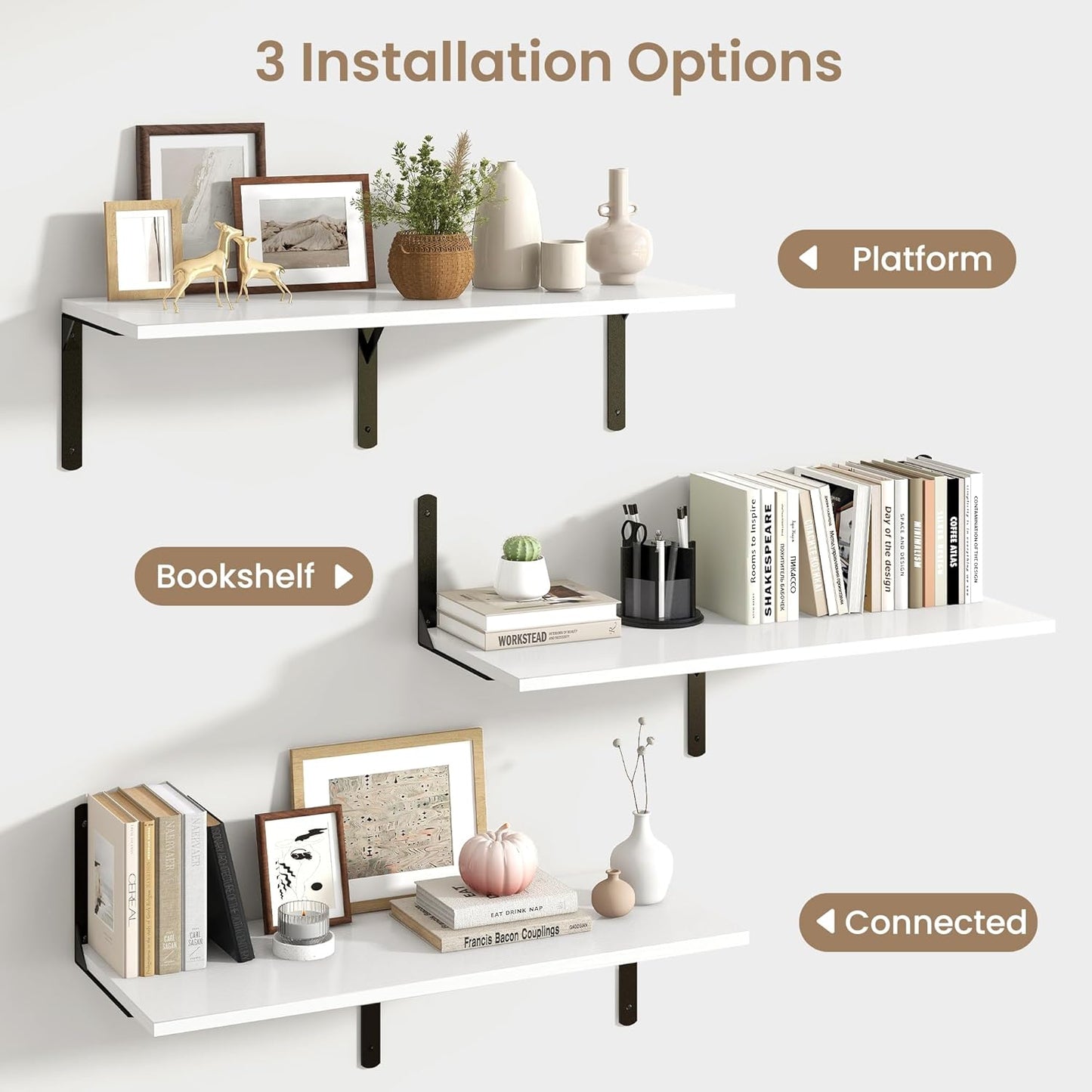 Fun Memories Floating Shelves for Wall, 12 Inch Deep Floating Shelves Set of 2, Wall Mounted Shelf with Metal Brackets, Rustic Wood Wide Shelf for Bathroom, Kitchen and Living Room, White, 36W x 12D