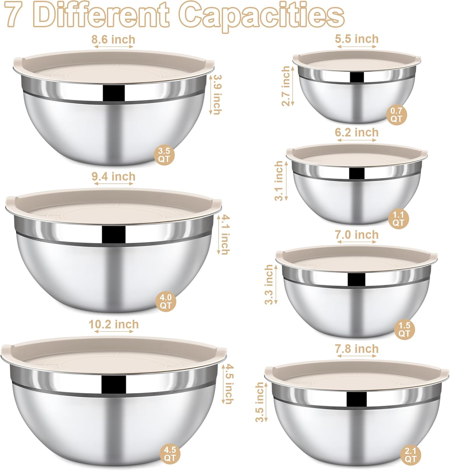 Mixing Bowls with Lids Set - 7 Piece Khaki Nesting Stainless Steel Mixing Bowls for Kitchen, Sizes 4.5, 4, 3.5, 2.1, 1.5, 1.1, 0.7 Qt for Baking, Cooking and Serving, Dishwasher Safe