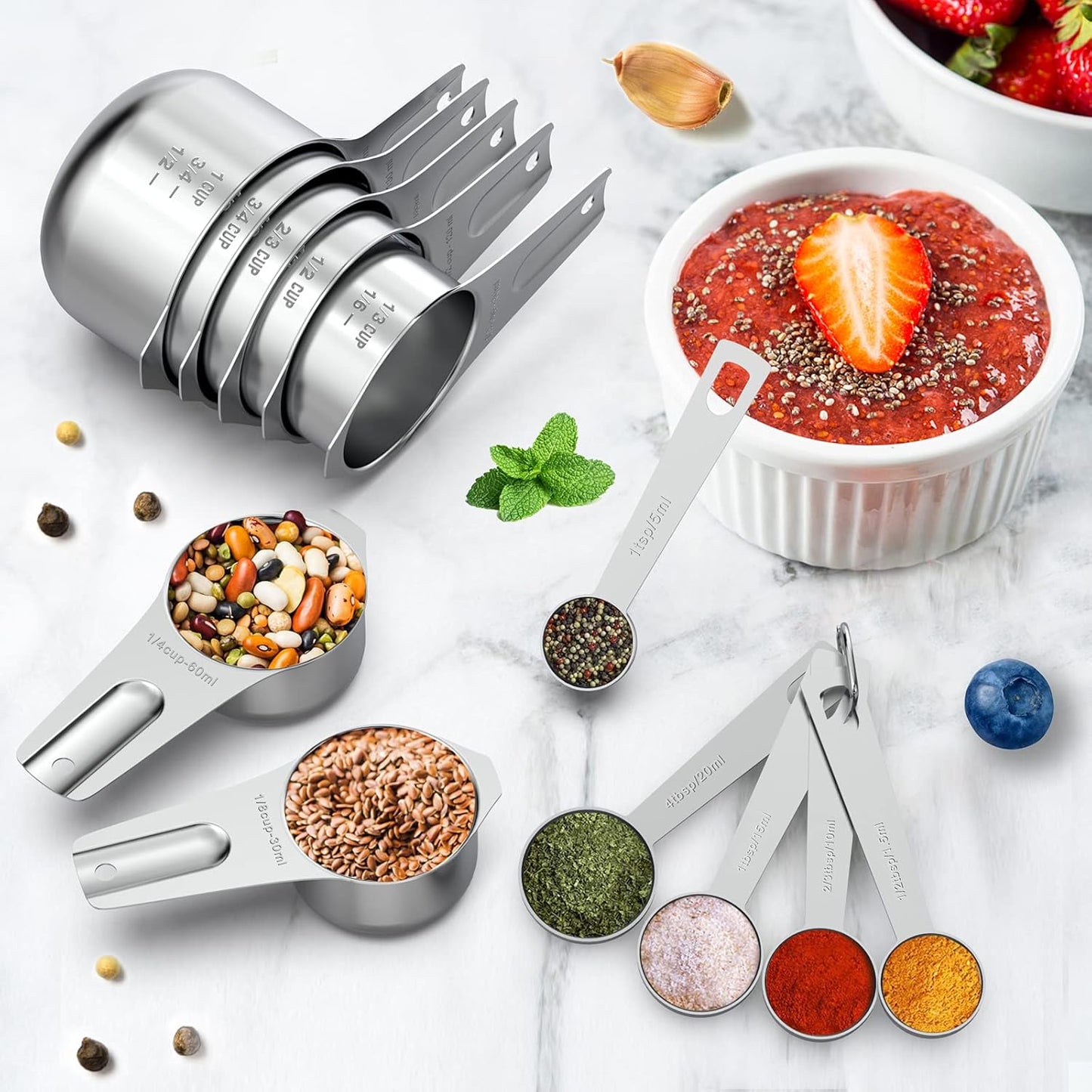 21 Pcs Stainless Steel Measuring Cups and Spoons Set, Wildone Stackable Metal Measuring Cups and Spoons for Cooking & Baking, Includes 7 Cups, 9 Spoons and 5 Mini Spoons