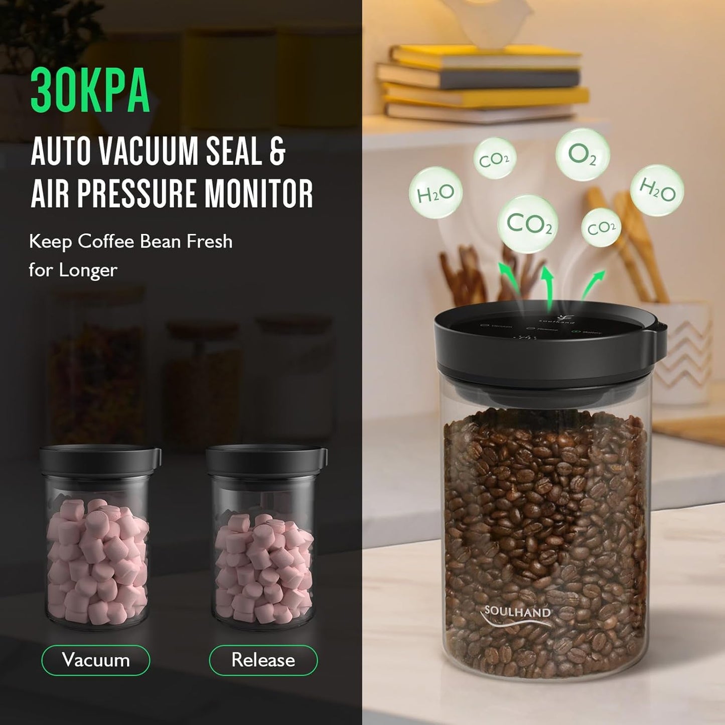 SOUL HAND Vacuum Coffee Canister Automatic Airtight Coffee Containers & Food Storage, Glass Coffee Jar with Spoon, Touch Screen Coffee Storage Container for Coffee Beans/Sugar/Nuts 1.6 L