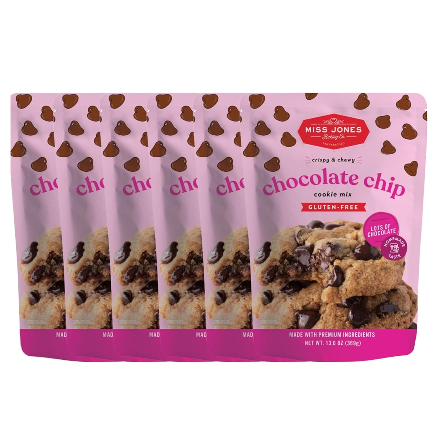 Miss Jones Baking Gluten-Free Chocolate Chip Cookie Mix - More Chocolate Chips, 50% Lower Sugar, Naturally Sweetened Desserts & Treats, 13 Ounce (Pack of 6)