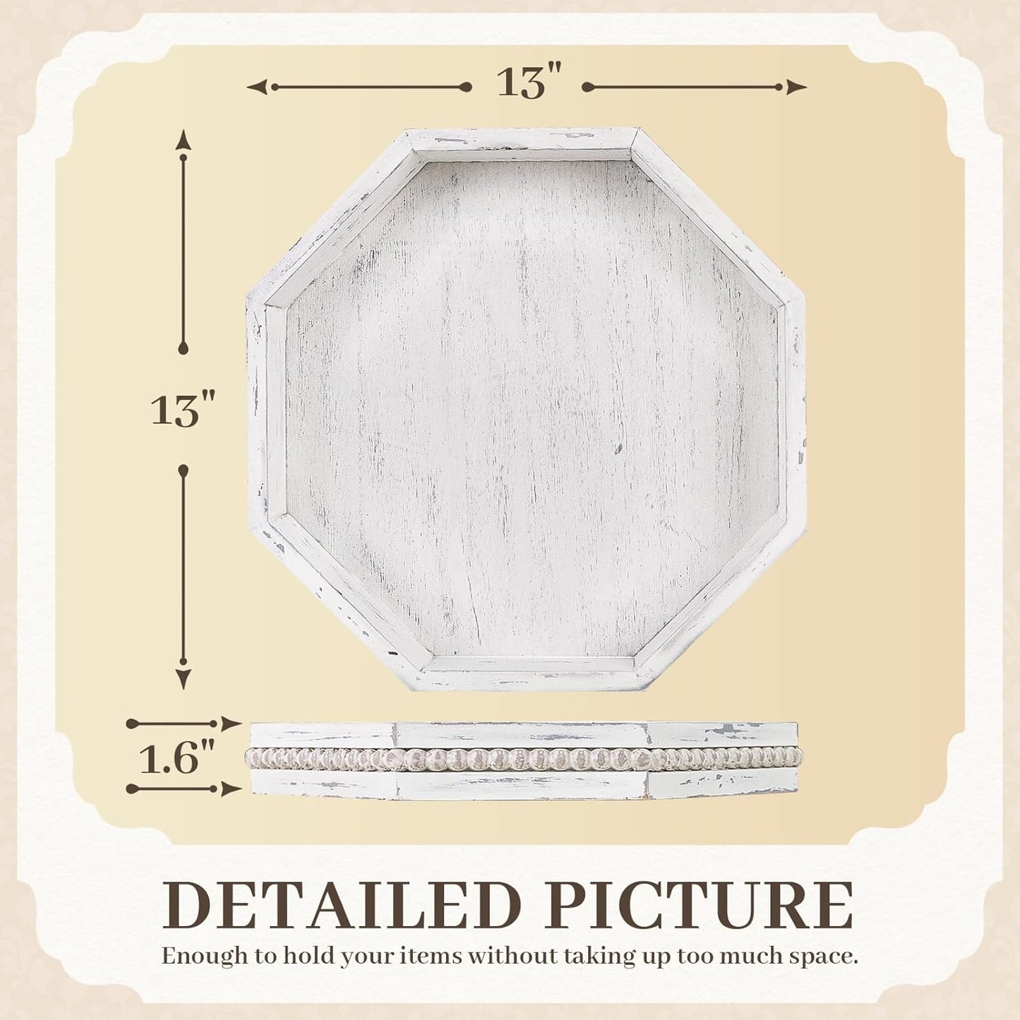 Wooden Decorative Tray, Small Serving Tray with Wood Bead, Farmhouse Big Tray for Ottoman, Countertop, Coffee Tabl, 13" x 13"x 1.6" (Retro White)