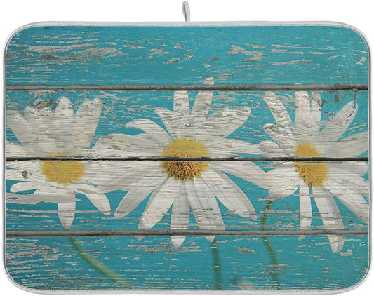 Daisy On Old Wooden Board Dish Drying Mat for Kitchen Counter Turquoise Wood Drying Mat 16 x 18 Inch with High Absorbent Reversible Microfiber Dish Drying Pad Drainer Mat for Coffee Bar