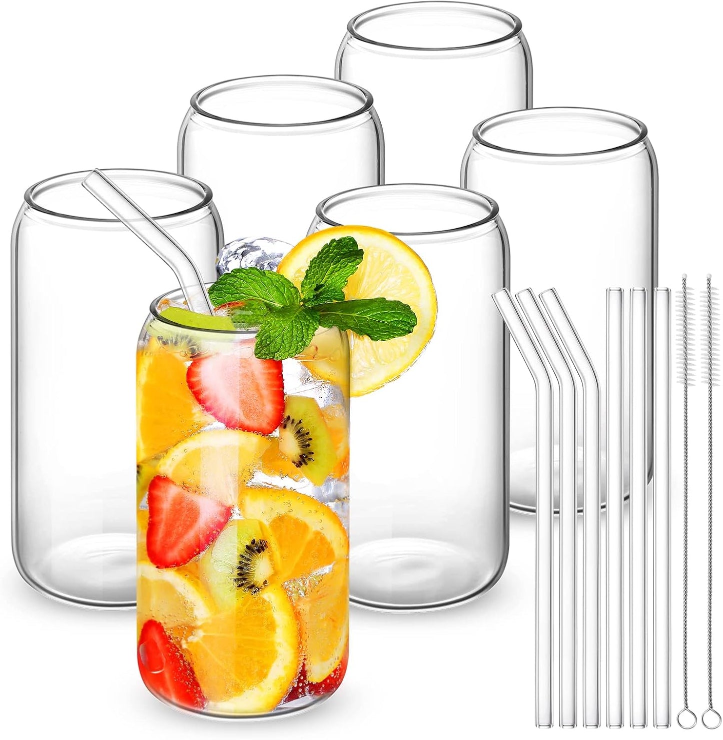 Glass Cups with Straw 6 Set, 16oz Beer Glasses, Glass Coffee Cups, Iced Coffee Glasses, Glass Tumbler for Whiskey, Soda, Tea (6 PACK)