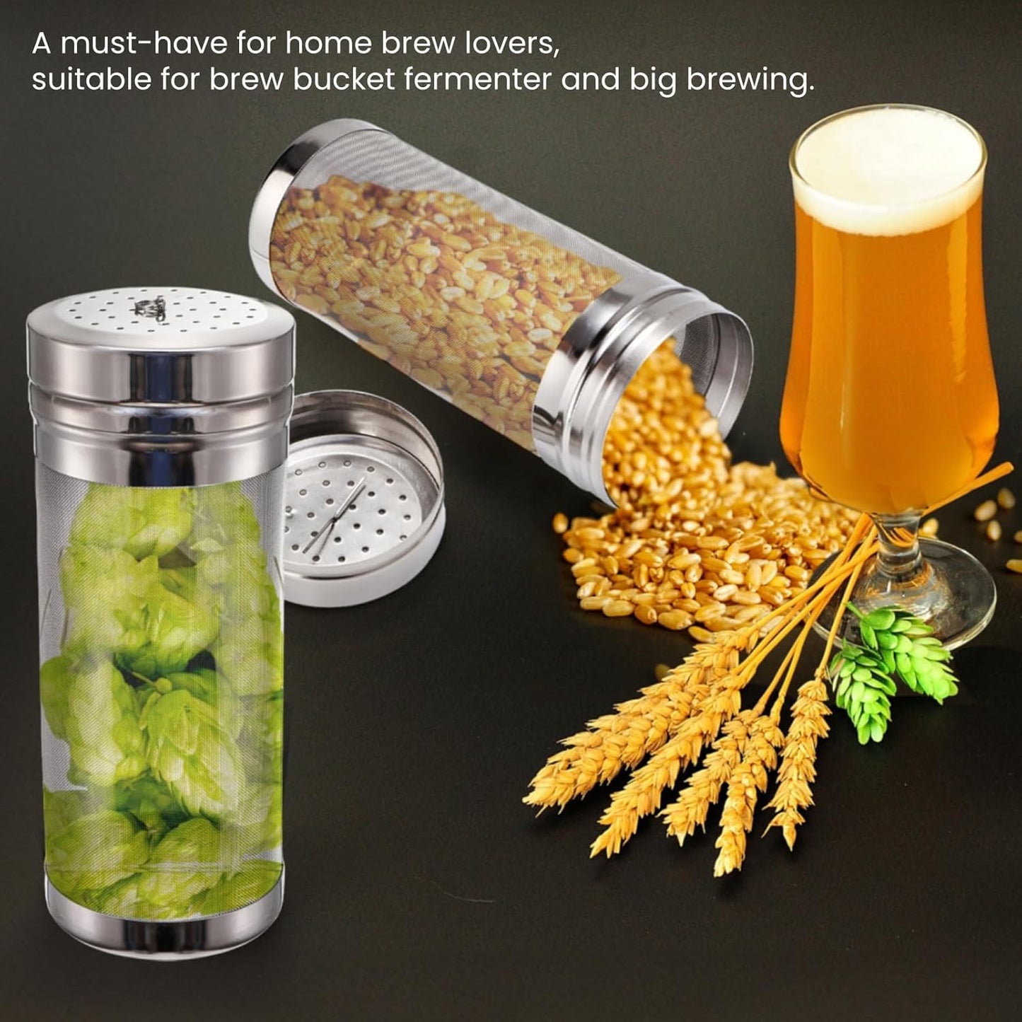 2 Pack Beer Dry Hopper Filters, 2.8 x 7 inch 300 Micron Mesh Hop Strainer with Lid, Stainless Steel Beer Hop Spider with Nylon Bristles, Brewing Filters Straining Keg for Home Coffee Wine Juice