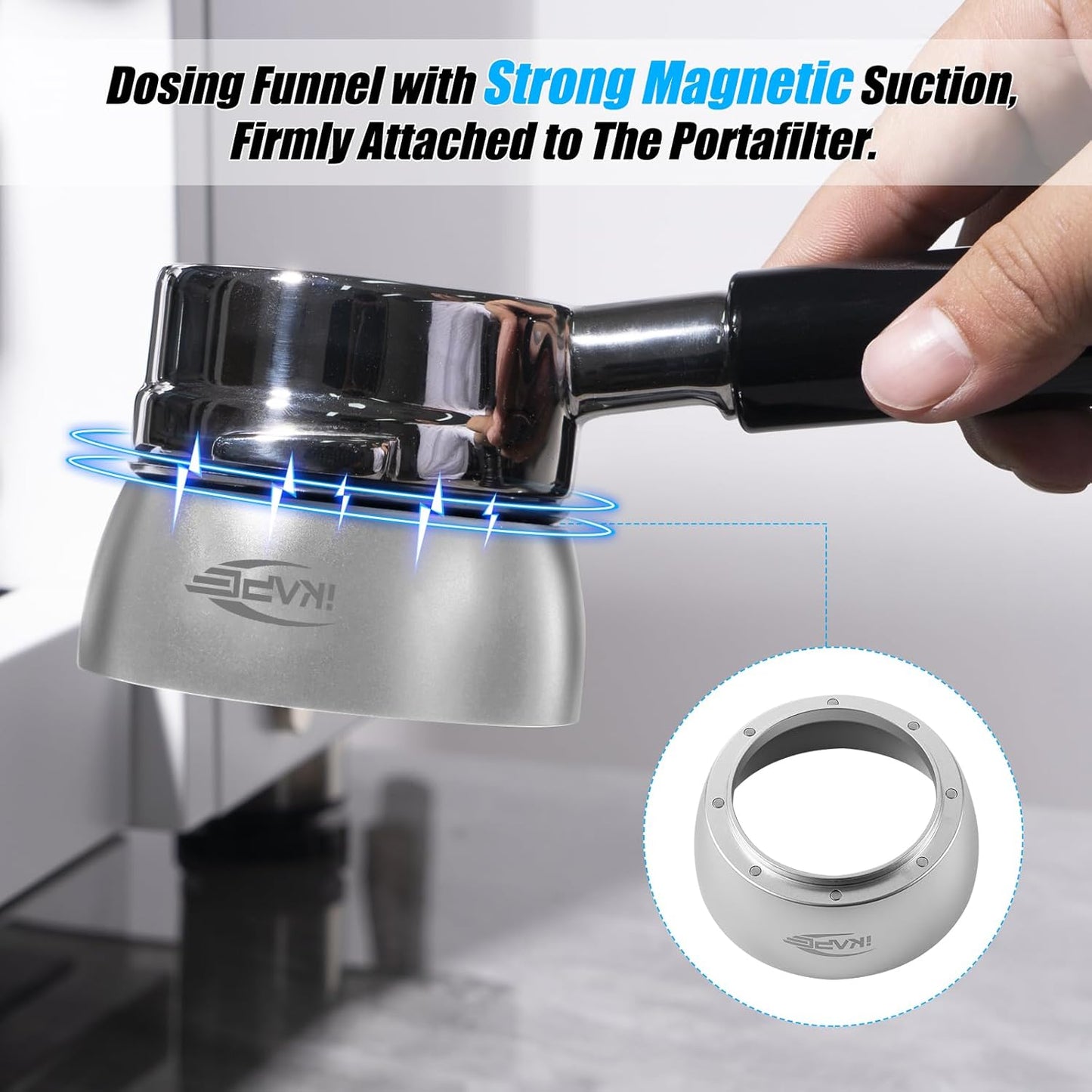 IKAPE Magnetic Dosing Funnel Set, 53MM Espresso Dosing Ring & Puck Screen Kit Compatible with Delonghi 54MM Bottomless Portafilter - with 8 Small Magnet (Silver)